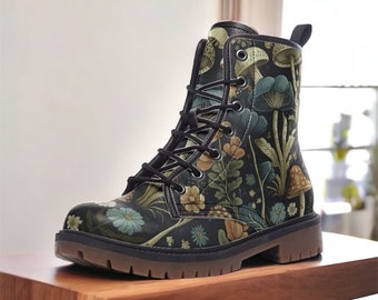 Goblincore Boots, Boho Dark Forest Mushrooms Combat Boot, Vegan Combat Boots, Fairy Grunge Festival Club Boot, Faecore Mushroom Print Boots,