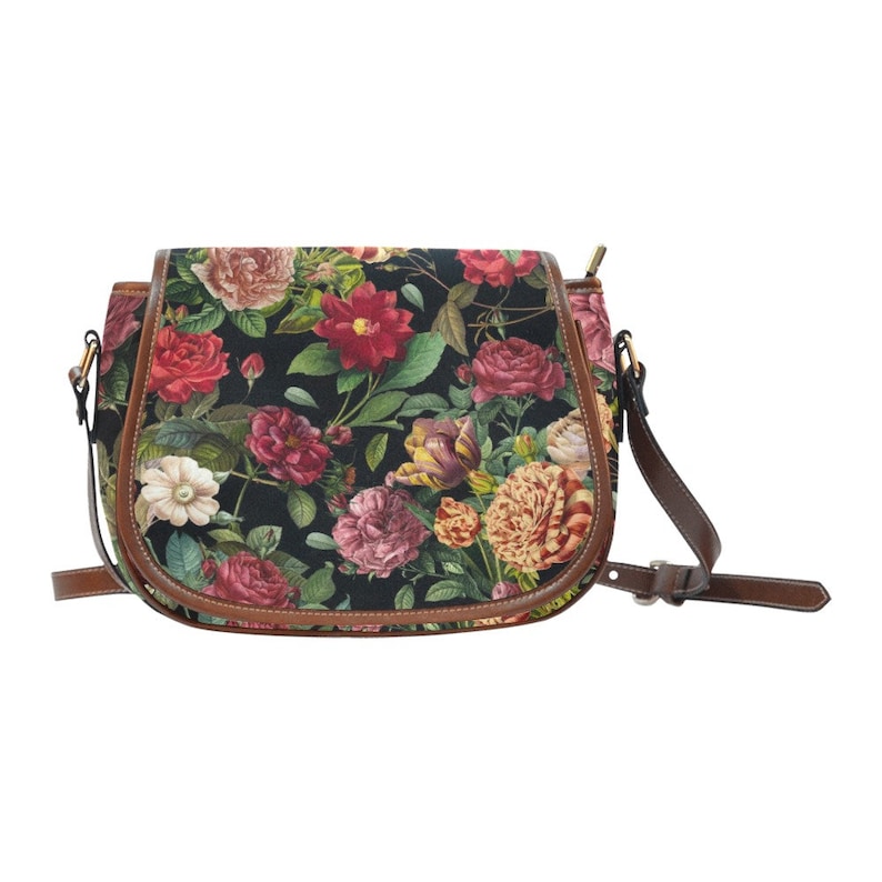 Vintage Roses Dark Floral Cross-Body Zadeltas, Dark Cottagecore Boho Handtas, Whimsigoth Roses Portemonnee, Witchy Hippie Zadeltas afbeelding 6