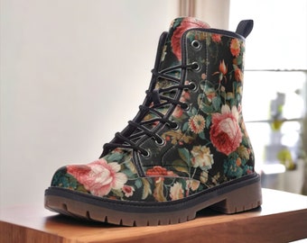 vintage Roses Chintz Floral Vegan Combat Boots, bottines bohèmes en chintz, bottines roses Whimsigoth, bottines coquette, bottines shabby chic chintz florales