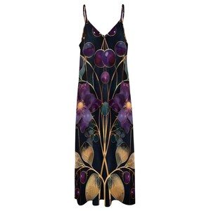 Dark Purple Art Nouveau Floral Maxi Dress, Dark Flowers Long Garden Party Dress, Witchy Hippie Flowers Boho Maxi Dress, Resort Wear Dress image 7