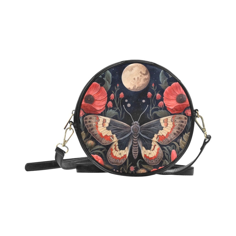 【COLOR iN ID】bohemian butterfly bag Gothic Butterfly Garden Moon Round Bag, Moth Moon Boho