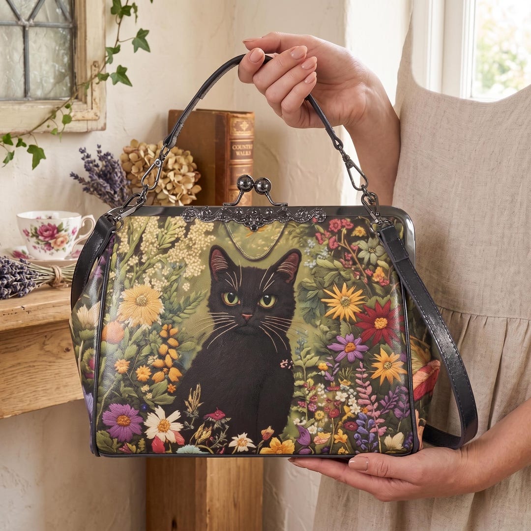 Cottagecore Black Cat Kisslock Handbag: Faux Embroidered Kitten in