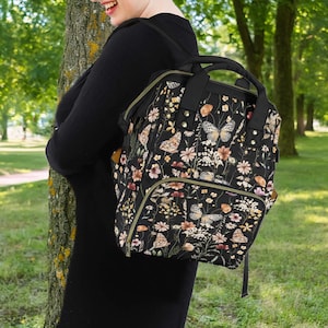 Sac à dos multifonctionnel bohème floral, cartable à fleurs sauvages, papillons, cartable Witchy Naturecore Cottagecore, sac à dos pour ordinateur portable