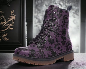 Gothic Purple & Black Brocade Vegan Combat Boots, Faux