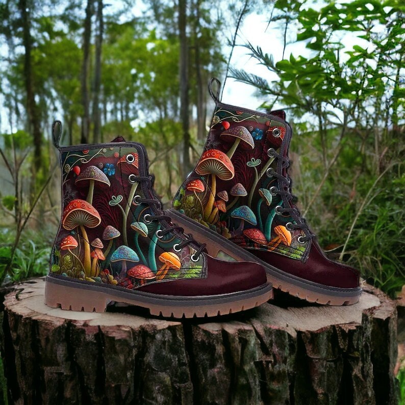 Fairy Mushrooms Vegan Leather Combat Boots, Witchy Combat