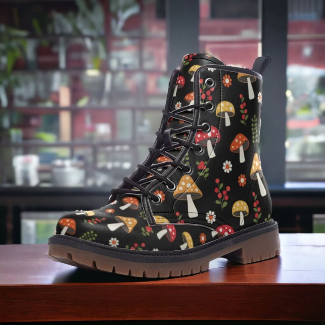 Cute Kawaii Mushrooms Boots, Woodland Mushrooms Vegan Combat Cute Kawaii Mushrooms Boots, Woodland Mushrooms Vegan Combat