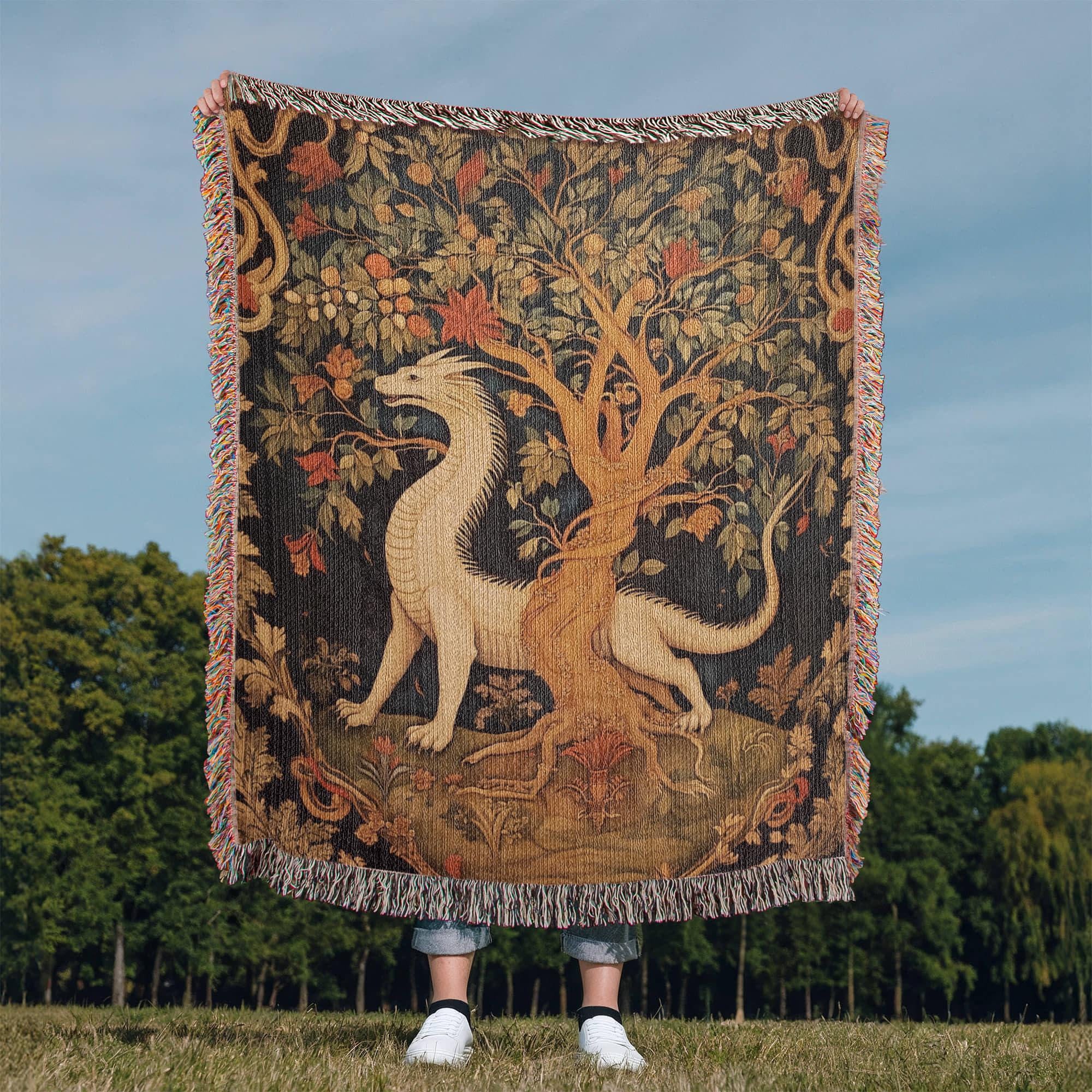 中世のドラゴン織りタペストリーブランケット – 神話ファンタジー