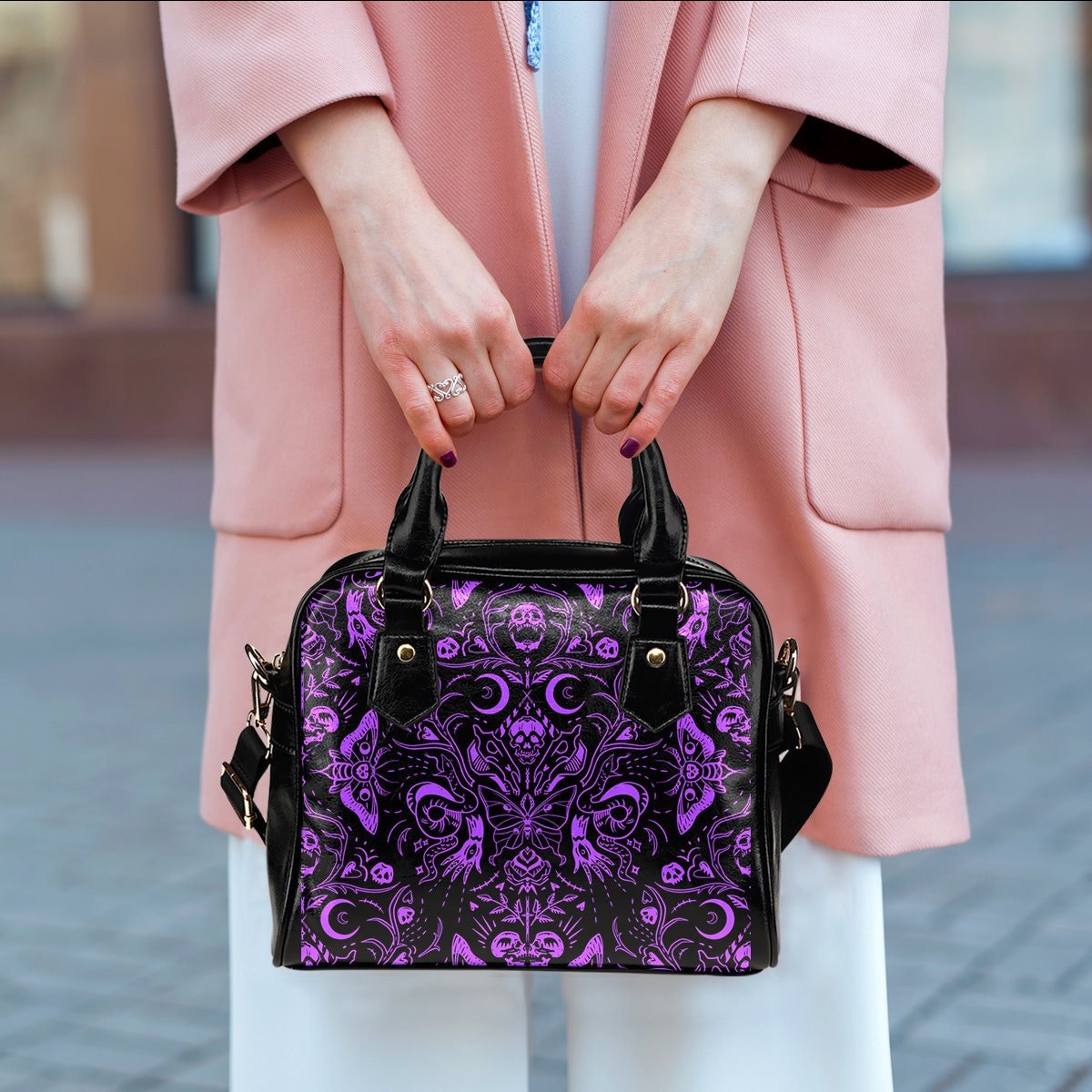 Purple \'Skull & Cross\' Biker Jacket Handbag Moschino // Leather Mini Motorcycle Jacket Clutch Wristlet  main image 3