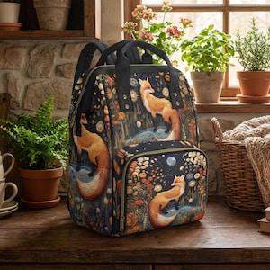 Faux-Embroidery Fox Diaper Backpack, Cottagecore Fox Mommy Bag, Storybook Fables Fox Bag, Forestcore Mama Cottage Nursery Shower Gift Bag image 1