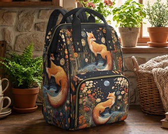 Faux-Embroidery Fox Diaper Backpack, Cottagecore Fox Mommy Bag, Storybook Fables Fox Bag, Forestcore Mama Cottage Nursery Shower Gift Bag