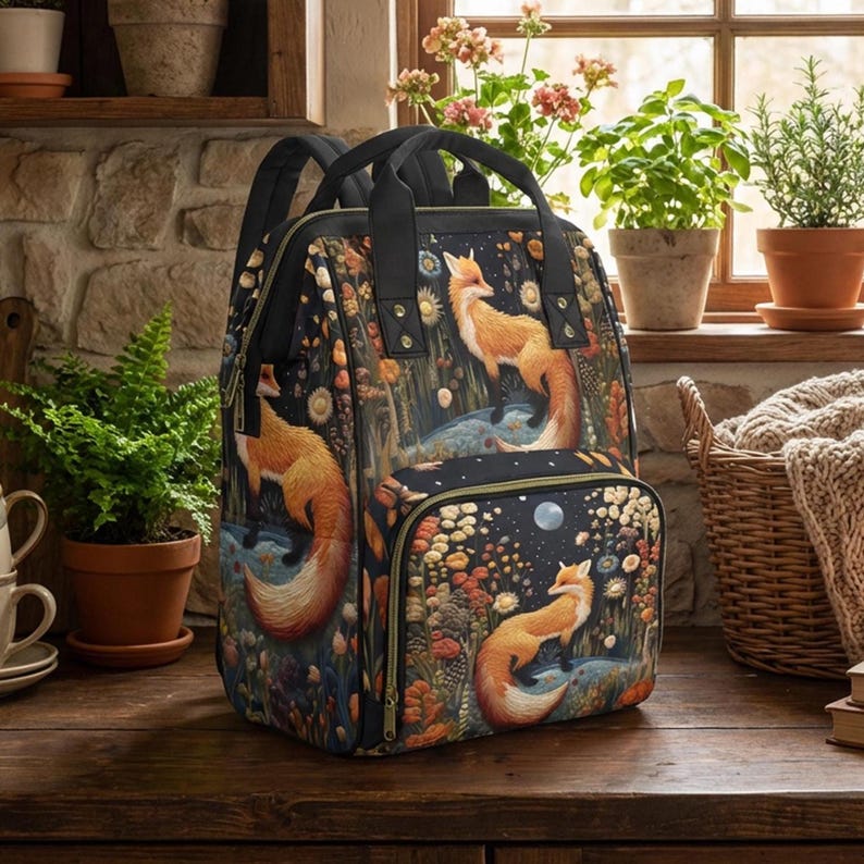 Faux-Embroidery Fox Diaper Backpack, Cottagecore Fox Mommy Bag, Storybook Fables Fox Bag, Forestcore Mama Cottage Nursery Shower Gift Bag image 1