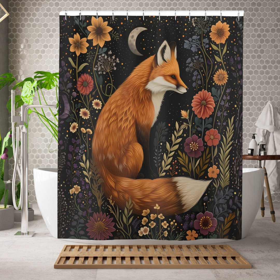 Fox Shower Curtain, Dark Cottagecore Woodland Fox Flowers Bathroom ...