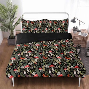 Woodland Mushroom Duvet Cover Set, Botanical Forest Bedding, Enchanted Nature Aesthetic, Cottagecore & Fairycore Decor, 3-Piece Bedding