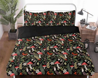 Woodland Mushroom Duvet Cover Set, Botanical Forest Bedding, Enchanted Nature Aesthetic, Cottagecore & Fairycore Decor, 3-Piece Bedding