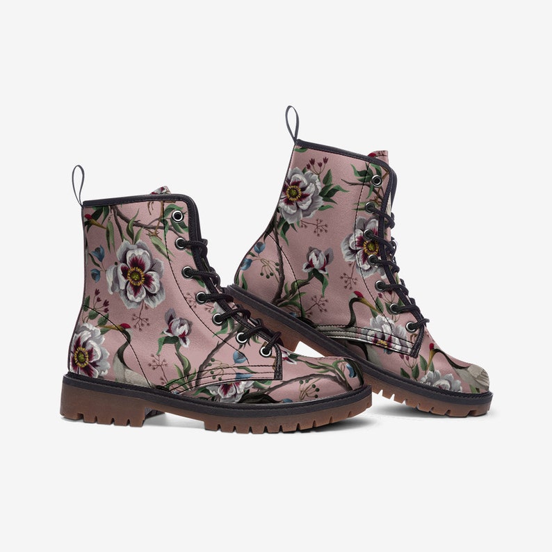 Pink & White Floral Vegan Combat Boots Boho Floral Boots - Etsy