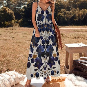 Boho Cottagecore Indigo Garden Blossoms maxi dress, Boho Modern Floral Dark Blue on Cream Garden Party Dress, Boho Witchy Dark Blossom Dress