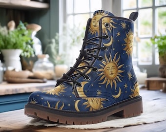 Celestial Sun & Moon Vegan Boots, Whimsigoth Witchy Footwear, 90s Astrology Aesthetic Lace-Up Combat Boots, Mystical 90s Boho Rave Boots