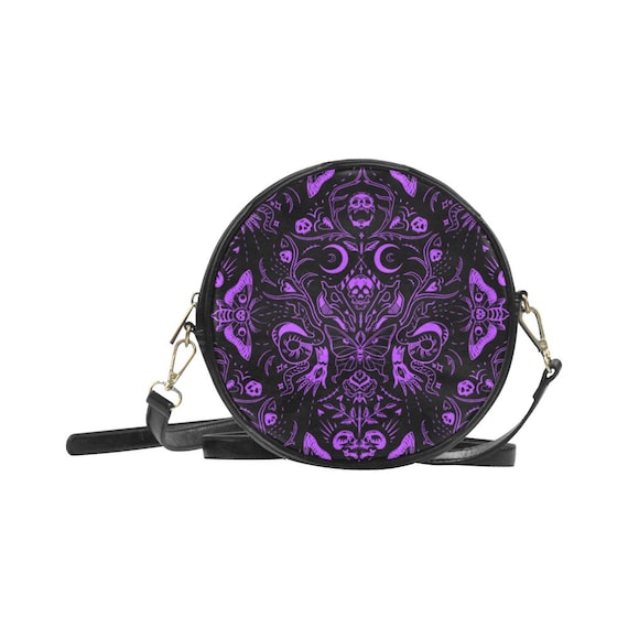 Gothic Purple Skulls Moths Purse, Vegan Leather Witchy Purse  display picture 1