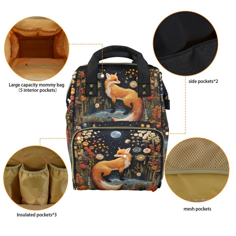 Faux-Embroidery Fox Diaper Backpack, Cottagecore Fox Mommy Bag, Storybook Fables Fox Bag, Forestcore Mama Cottage Nursery Shower Gift Bag image 9