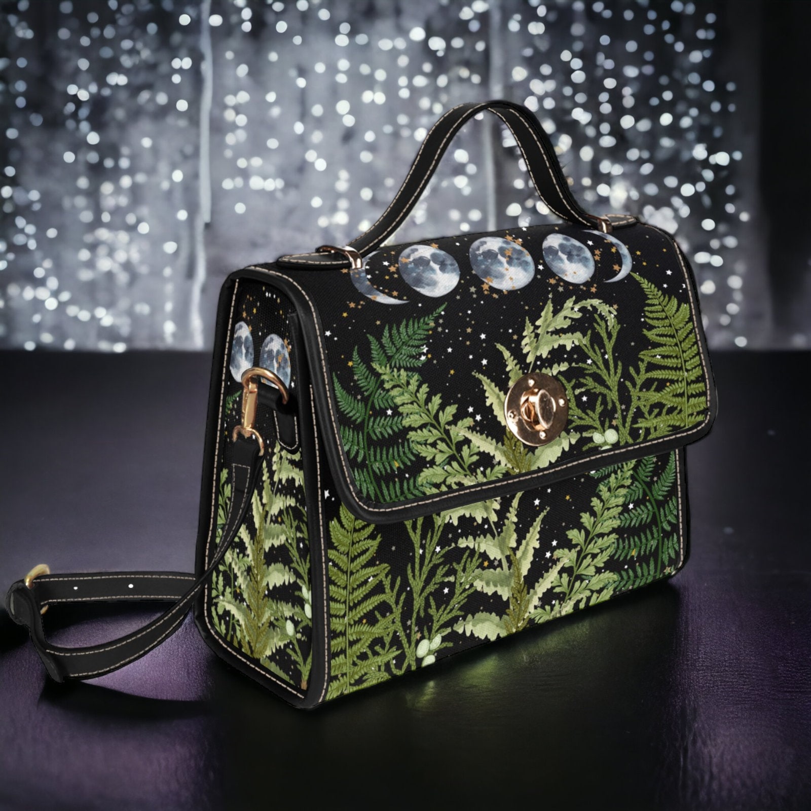Boho Dark Forest Fern Moons Witchy Satchel & Wallet Set, Boho Crossbody Celestial Forest purse, Dark Cottagecore Hippie Witch Handbag Wallet