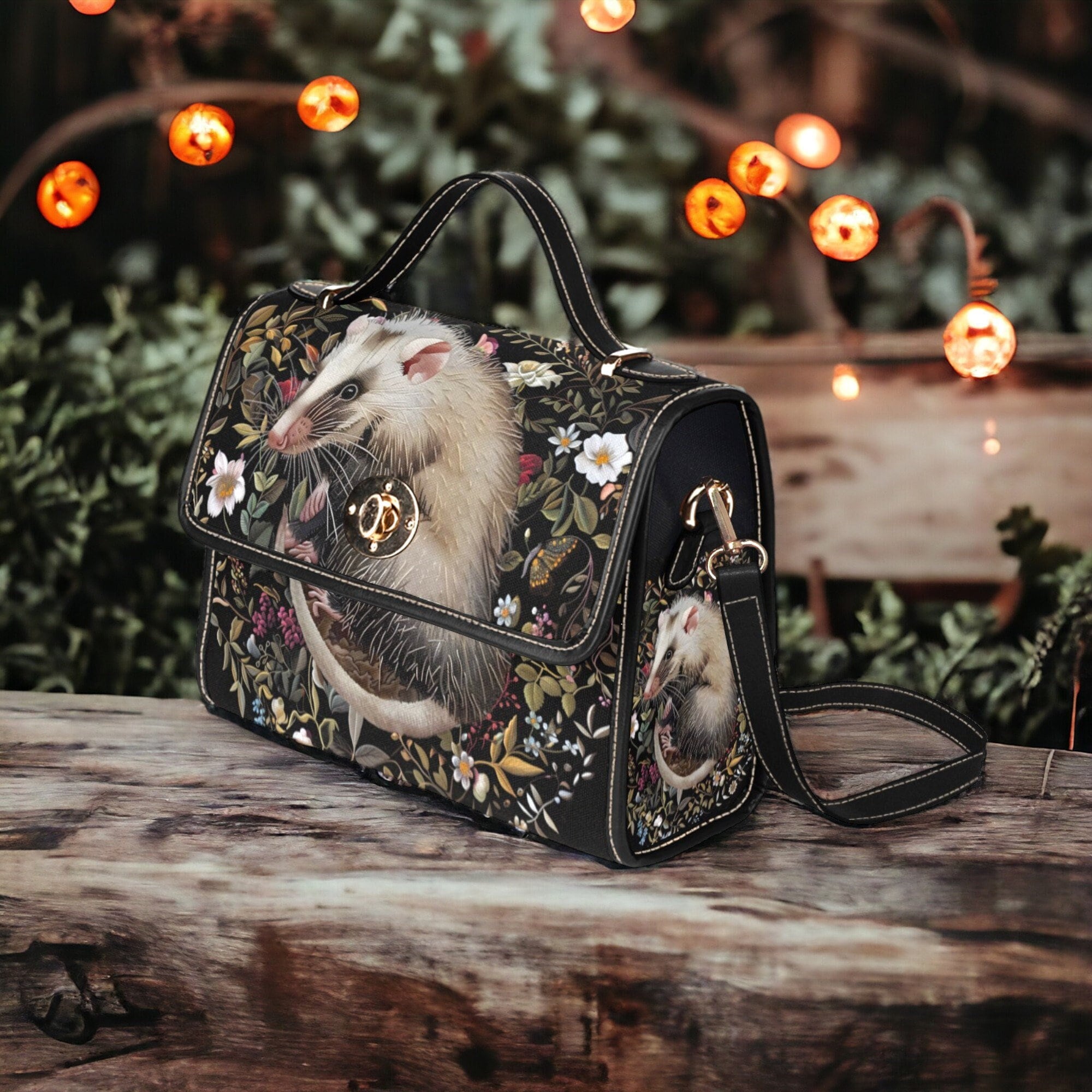 Faux-embroidered Opossum & Flowers Handbag, Boho Cottagecore
