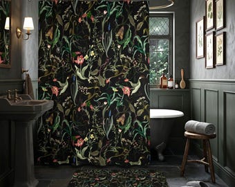 Dunkler Blumen-Duschvorhang & Badematte: Witchy Cottage Decor