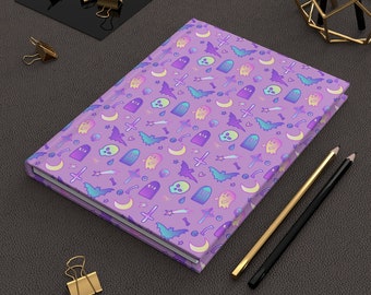 Kawaii Goth Elements Journal, Cute Pastel Goth Journal, Unique teen gift journal, Cute ghosts bats skulls graveyard, Creepy Cute Aesthetic