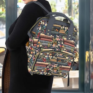 Sac à dos pour ordinateur portable avec livres et fleurs sauvages, cartable bohème esthétique pour lecteurs, écrivains, enseignants, étudiants, cartable d'école Cottagecore
