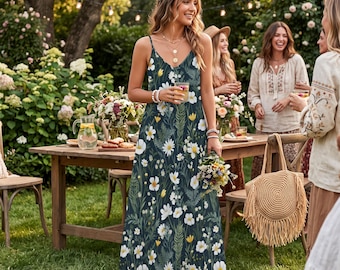 Boho Cottagecore Maxi Dress, Navy Daisies Ankle Dress, Boho Wildflowers Dress, Witchy Maxi Dress, Boho Summer Dress, Whimsigoth Floral Dress