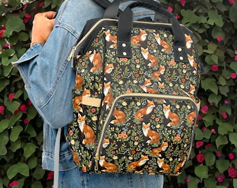 Cottagecore Foxes Multifunctional Backpack, Dark Cottagecore Fox Laptop Bag, Storybook Fables Book Bag, Woodland Forestcore Fox Rucksack Bag