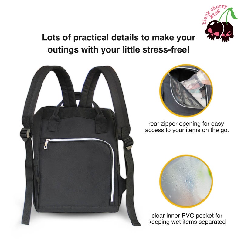 May include: Black diaper bag backpack with a zippered pocket on the front and a clear inner pocket. The bag has a rear zipper opening for easy access to items.