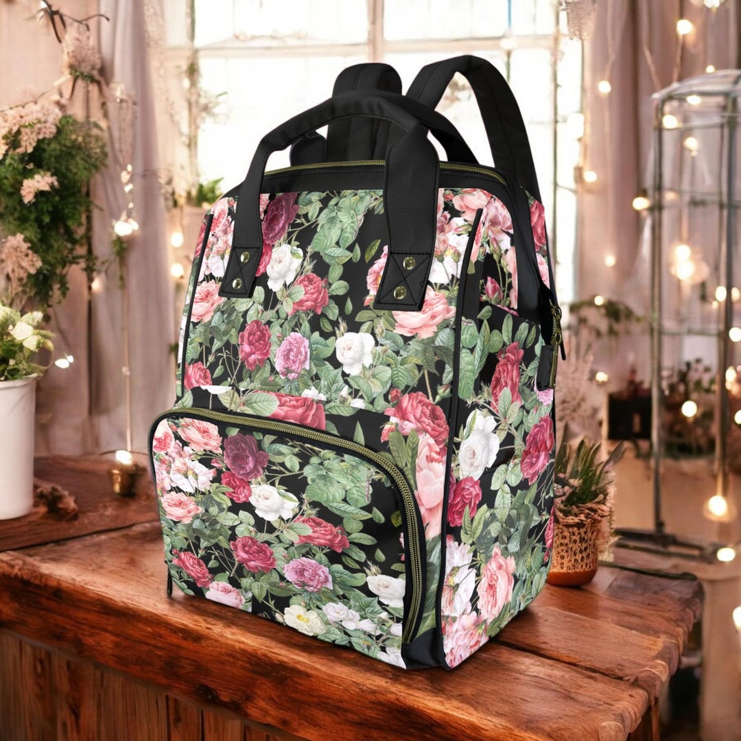 Cottagecore Vintage Roses Diaper Bag, Backpack-style Floral  display picture 1