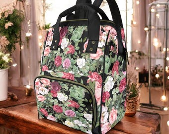 Matein Backpack Floral Multi Pocket Travel Diaper Bag Laptop Bag Black Pink Matein Floral LapTop Backpack USB Charging Port Insulated  main image 3