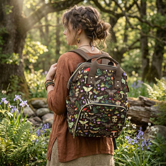 Vintage Woodland Backpack, Dark Nature Laptop Backpack, Dark Forestcore Book Bag, Witchy School Bag, Naturalist Goblincore Aesthetic Bag
