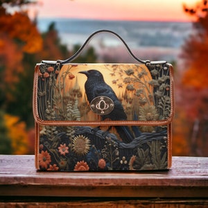 Cartable corbeau avec fausses broderies gothiques cottage foncé, sac à main Raven Cottagecore foncé, sac à main corbeau Witchy, sac Boho Witchcore Crowcore floral foncé