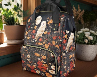 Mochila para pañales con diseño de búho, bolso para bebé estilo cottagecore, bolso para pañales con diseño de pájaro nocturno del bosque, bolso para mamá bruja, regalo para baby shower con diseño de búho boho