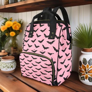Pastel Goth Diaper Backpack, Kawaii Witch Baby Bag, Cute Pink Bats Baby Bag, Witchy Mama Nappy Bag, Spooky Cute Diaper Bag, Goth Mama Gifts