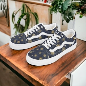 Navy and Gold Celestial Women's Lace Up Old School Canvas Skate Sneakers, Celestial Sneakers, Fairycore Sneakers, Cute Teen Witch Gift Shoes