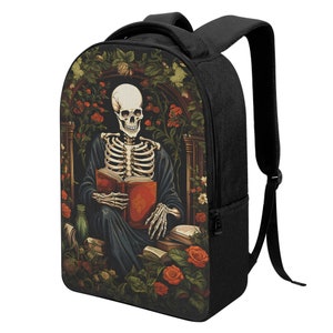 Mochila para portátil con diseño de esqueleto espeluznante, mochila gótica para biblioteca, mochila para biblioteca del hombre muerto, bolso para portátil de estilo Dark Academia, bolso para libros de lectura con diseño de esqueleto imagen 3