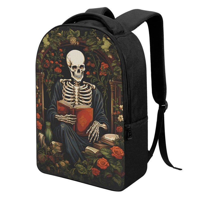 Mochila para portátil con diseño de esqueleto espeluznante, mochila gótica para biblioteca, mochila para biblioteca del hombre muerto, bolso para portátil de estilo Dark Academia, bolso para libros de lectura con diseño de esqueleto imagen 3
