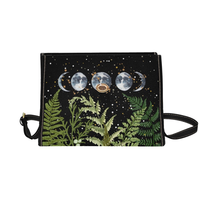 Boho Dark Forest Fern Moons Witchy Canvas Satchel bag, Boho Crossbody Celestial Forest purse, Dark Cottagecore Ferns Hippie Witch Handbag image 10