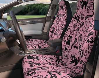 Pink Spooky Cute Car Seat Covers, Pastel Witchy Car Decor, Creepy Cute Seat Covers, Pink Halloween Seat Covers, Goth Girl Pink Car Decor