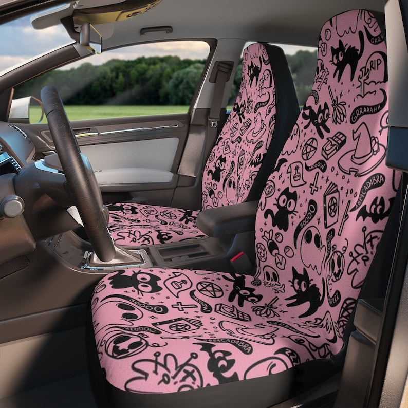 Pink Spooky Cute Car Seat Covers, Pastel Witchy Car Decor, Creepy Cute Seat Covers, Pink Halloween Seat Covers, Goth Girl Pink Car Decor image 1