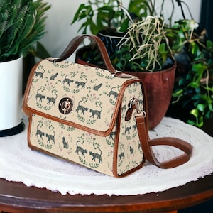 Boho Cottagecore Cats Witchy Canvas Satchel Tasche, Boho Cats Motiv Geldbörse, Canvas & Vegan Leder Cat Lover Handtasche Boho Witchcore Cat Satchel