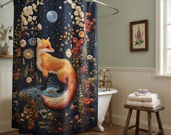 Fox and Flowers Shower Curtain, Cottagecore Bath Decor, Fox Bath Decor, Forestcore Bathroom, Woodland Fox Bath Decor Gifts, Forest Animal