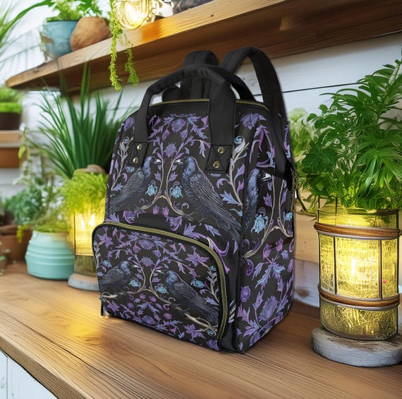 Gothic Violet Ravens Multifunctional Backpack, Witchy Crows