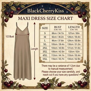 Puede incluir: Una tabla de tallas de vestido largo BlackCherryKiss con una ilustraci&oacute;n de un vestido beige de tirantes, una tabla con medidas de busto y largo en cm y pulgadas para tallas de S a 5XL, y bordes decorativos de cerezas sobre fondo crema.
