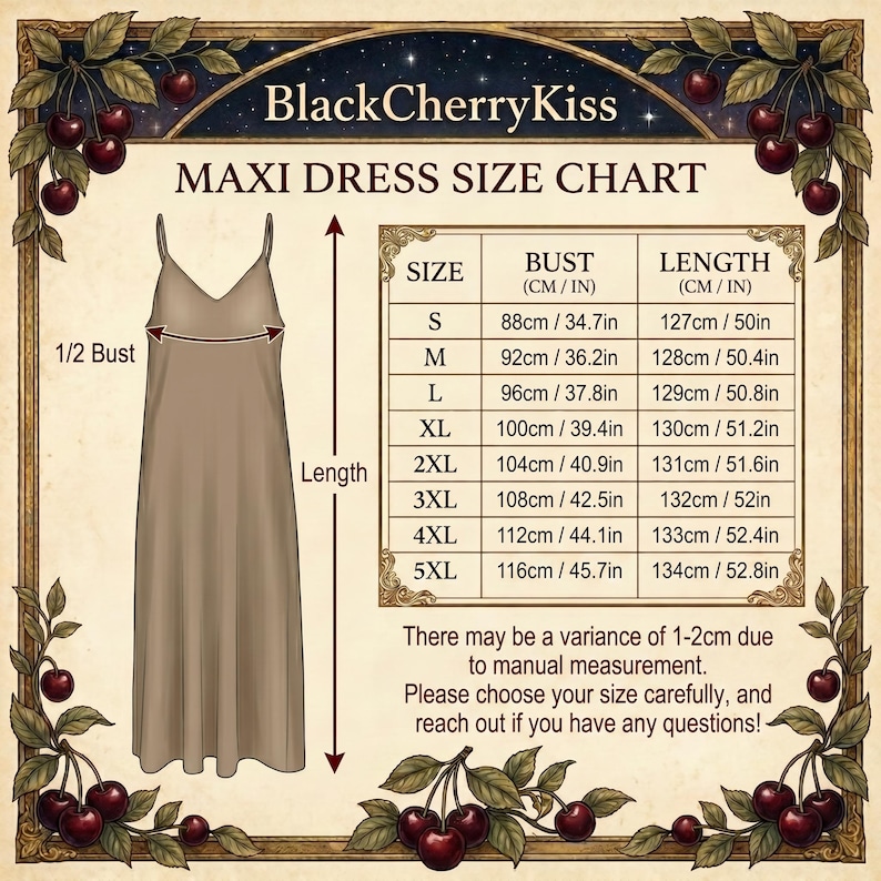 Puede incluir: Una tabla de tallas de vestido largo BlackCherryKiss con una ilustraci&oacute;n de un vestido beige de tirantes, una tabla con medidas de busto y largo en cm y pulgadas para tallas de S a 5XL, y bordes decorativos de cerezas sobre fondo crema.