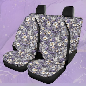 Daisy & Lavender Floral Faux-Embroidery Car Seat Covers, Sweet Cottagecore Purple Wildflower Auto Decor, Boho Car Interior Accessories Set