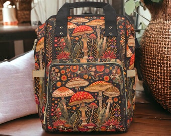 Boho Mushrooms Diaper Bag, Mushroomcore Diaper Backpack, Hippie Mama Baby Bag, Witchy Diaper Bag, Botanical Baby Bag, Goblincore Baby Gifts